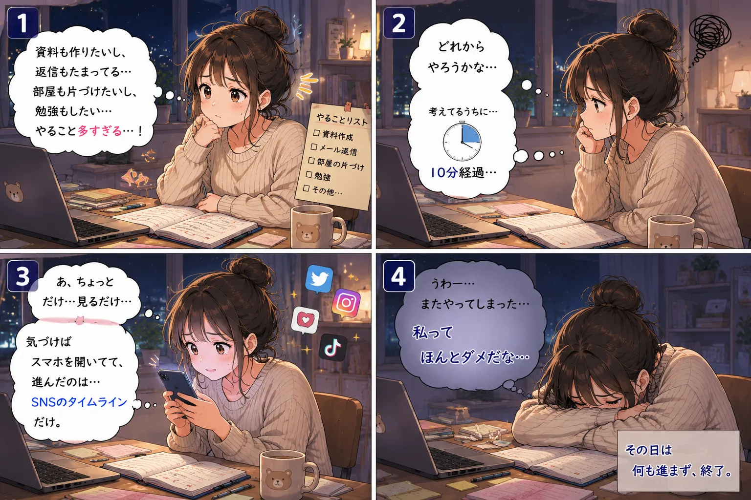 やることが多すぎると悩み、考えているうちに10分が経過し、気づけばスマホでSNSを見てしまい、「私ってほんとダメだな」と机に突っ伏す女性の4コマ漫画
