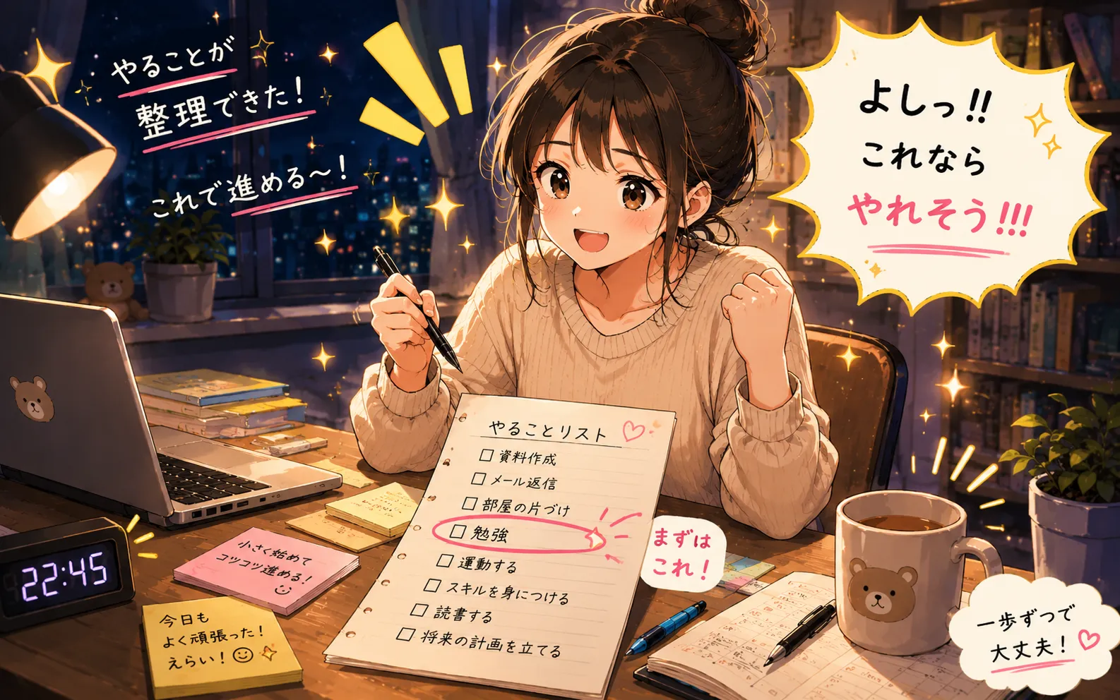 やることリストを書き出して1つに丸をつけ、「よし、これならやれそう」と明るい表情になった女性のイラスト