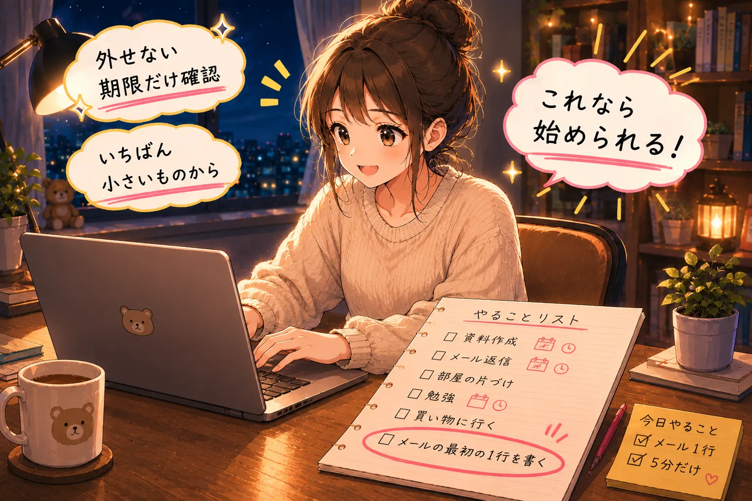 外せない期限だけを確認し、いちばん小さいメールの最初の1行を選んで着手した女性
