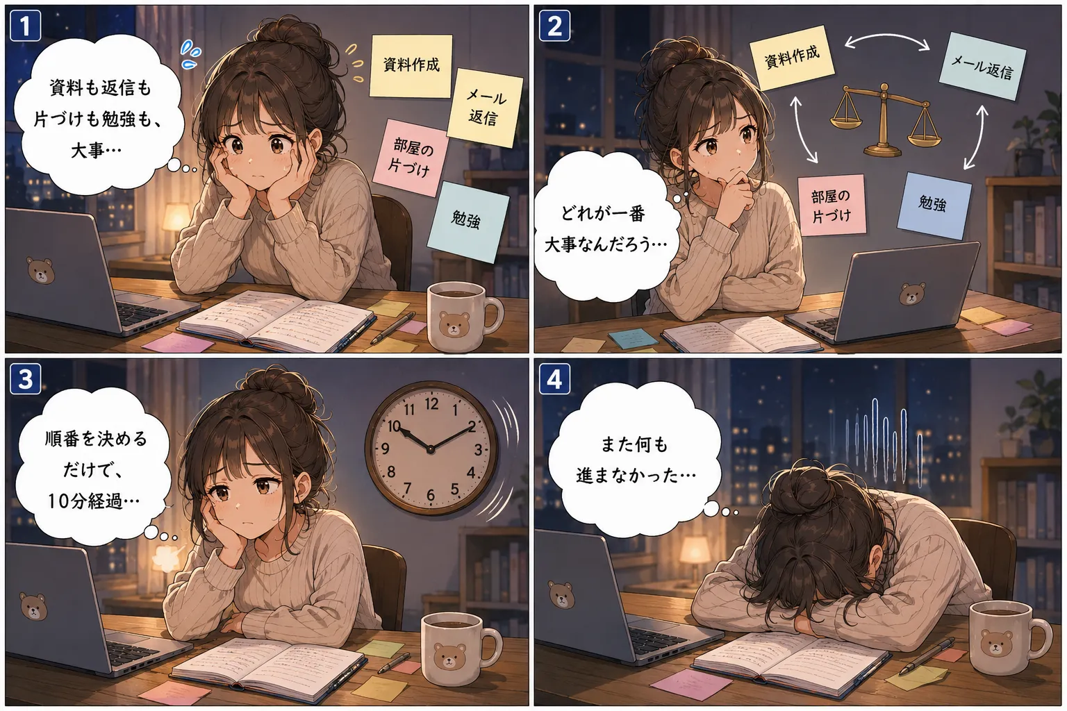 資料、返信、片づけ、勉強のどれも大事に見え、優先順位を決めるだけで10分が過ぎて何も進まず落ち込む女性の4コマ漫画