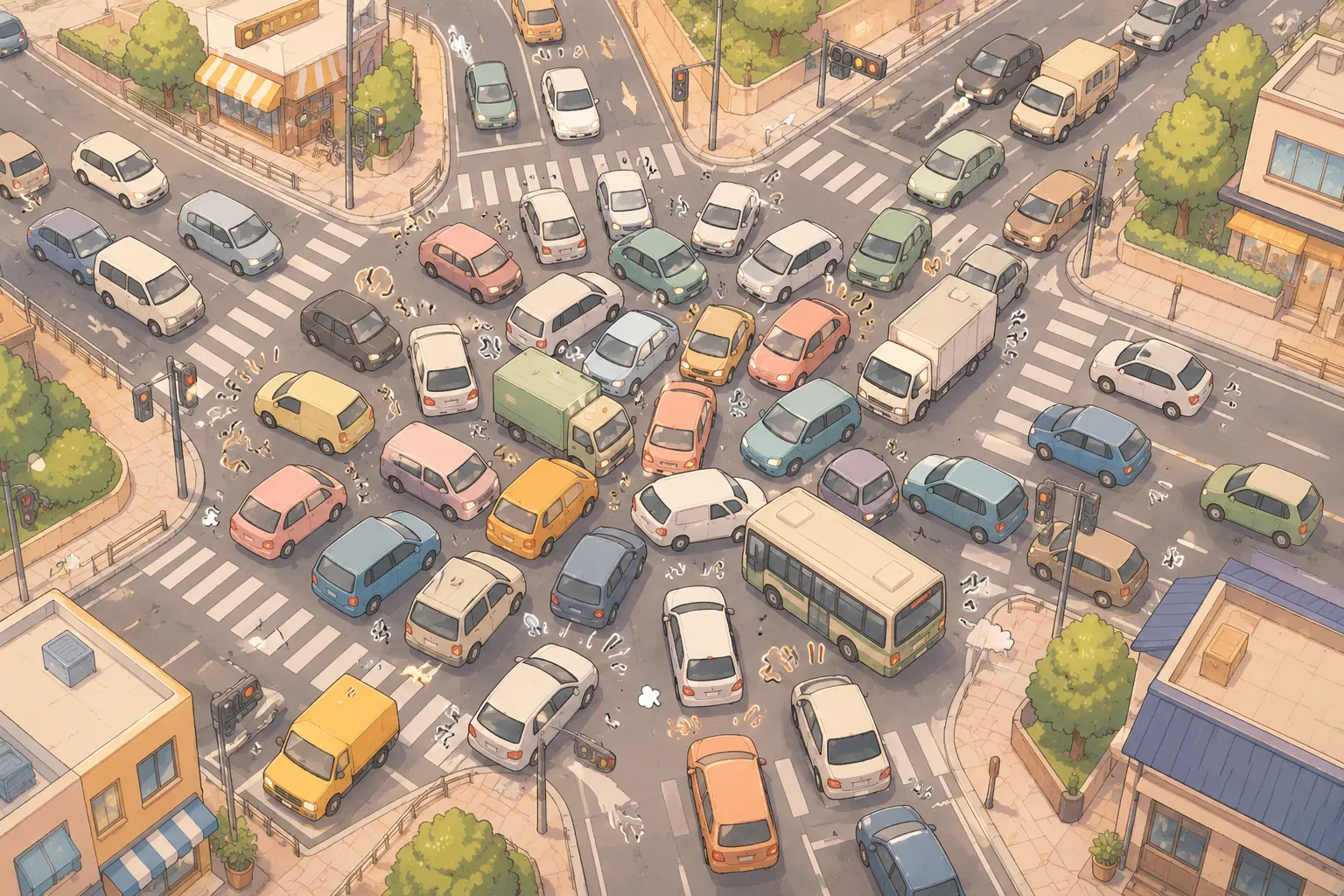 たくさんの車がひしめき合って、どの車も動けなくなっている交差点を上から見たイラスト