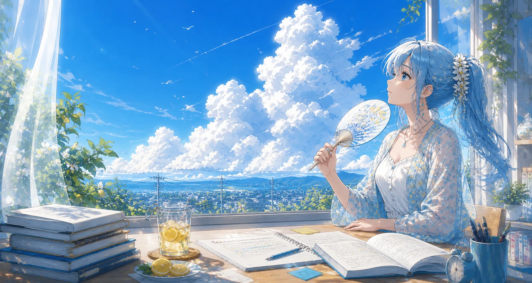 夏の青空と入道雲が広がる窓辺。机にノートとレモン水を置いて学ぶ人が、顔を上げて空を眺めているイラスト