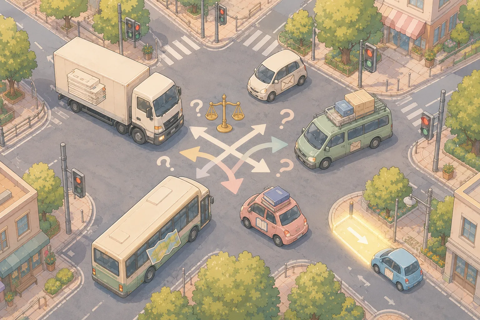 大きさの違う仕事を表す車が優先順位を比較する交差点で止まり、小さな1台だけに出口が見えている図